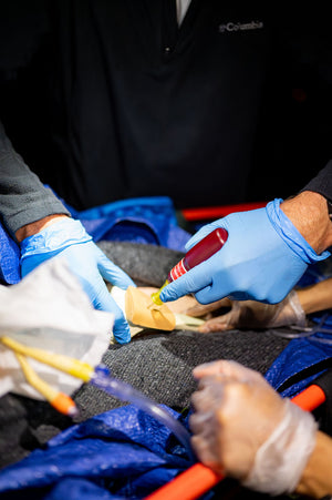 A Remote Medicine For the Advanced Provider (RMAP) Student is using a EZ IO bone drill to administer medication via intraosseous route